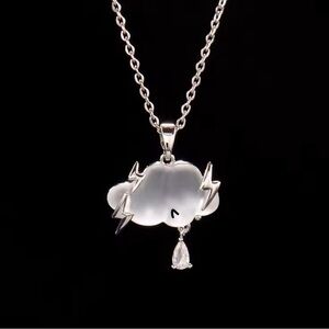 18K White Gold White Opalescent Cloud Lightning Bolts Diamond Rain Drop Necklace